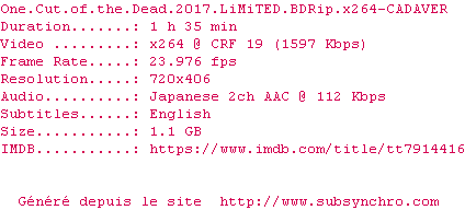 Nfo de la release One.Cut.Of.The.Dead.2017.LiMiTED.BDRip.x264-CADAVER