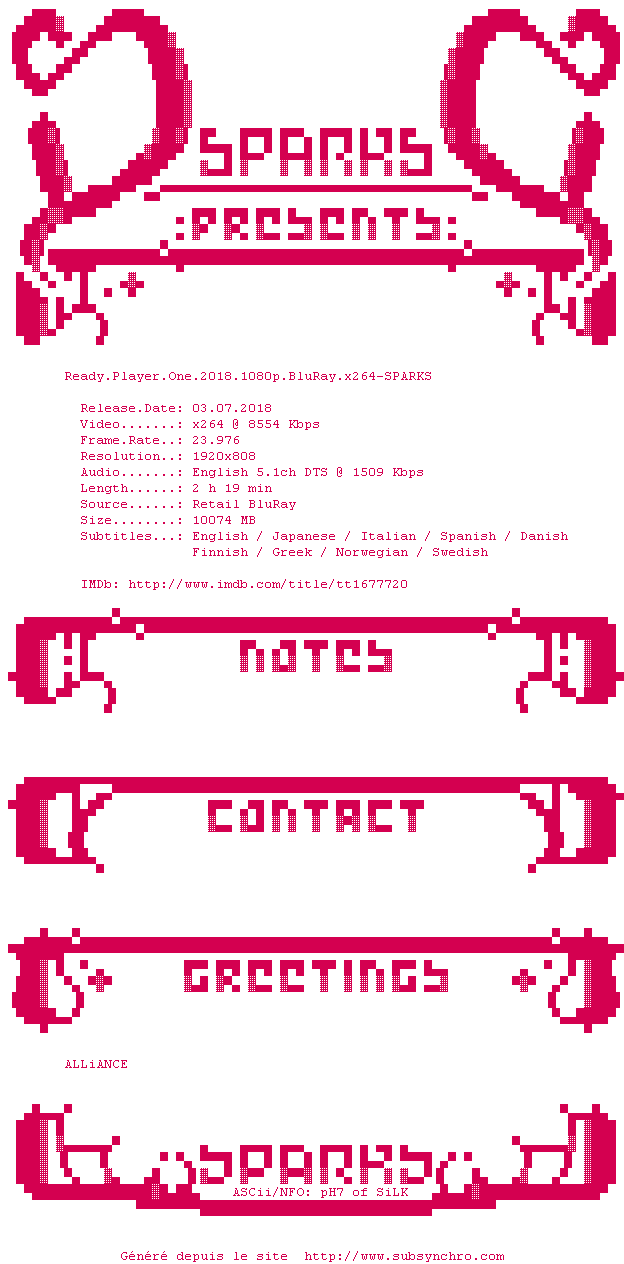 Nfo de la release Ready.Player.One.2018.1080p.BluRay.x264-SPARKS