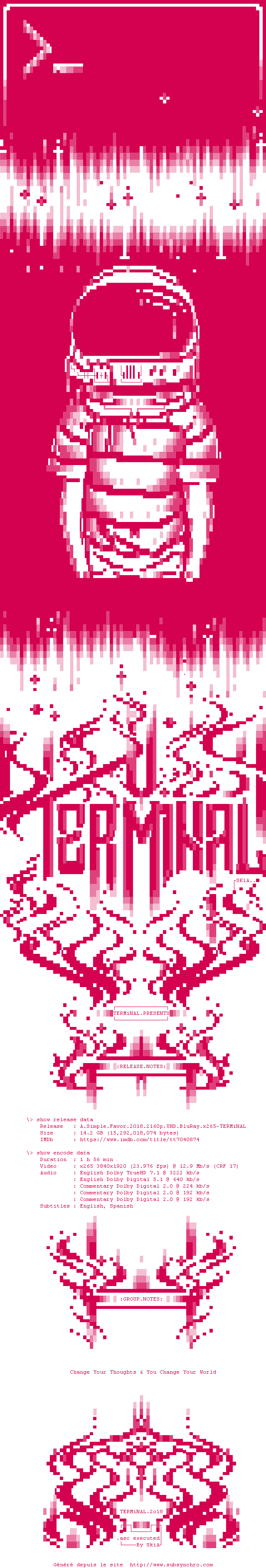 Nfo de la release A.Simple.Favor.2018.2160p.UHD.BluRay.x265-TERMiNAL