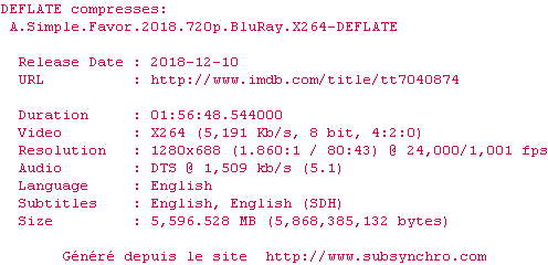 Nfo de la release A.Simple.Favor.2018.720p.BluRay.x264-DEFLATE