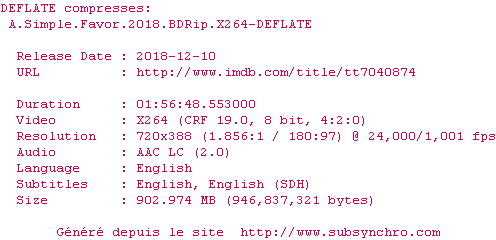 Nfo de la release A.Simple.Favor.2018.BDRip.x264-DEFLATE