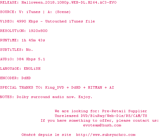 Nfo de la release Halloween.2018.1080p.WEB-DL.H264.AC3-EVO