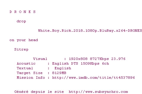 Nfo de la release White.Boy.Rick.2018.1080p.BluRay.x264-DRONES