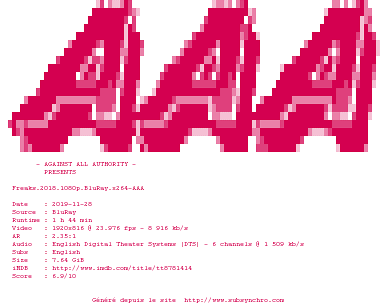 Nfo de la release Freaks.2018.1080p.BluRay.x264-AAA