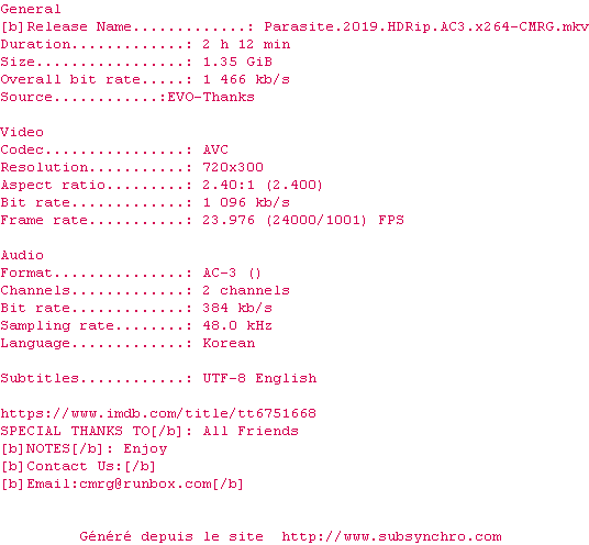 Nfo de la release Parasite.2019.HDRip.AC3.x264-CMRG