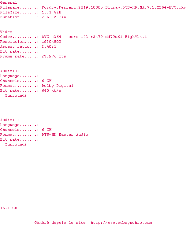 Nfo de la release Ford.V.Ferrari.2019.1080p.Bluray.DTS-HD.MA.7.1.x264-EVO
