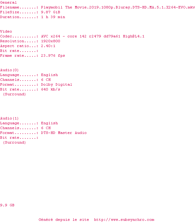 Nfo de la release Playmobil.The.Movie.2019.1080p.Bluray.DTS-HD.MA.5.1.x264-EVO