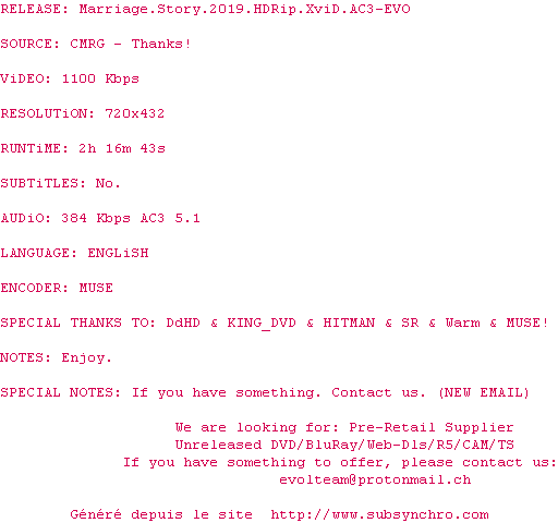 Nfo de la release Marriage.Story.2019.HDRip.XviD.AC3-EVO