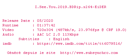Nfo de la release I.See.You.2019.BDRip.x264-EiDER