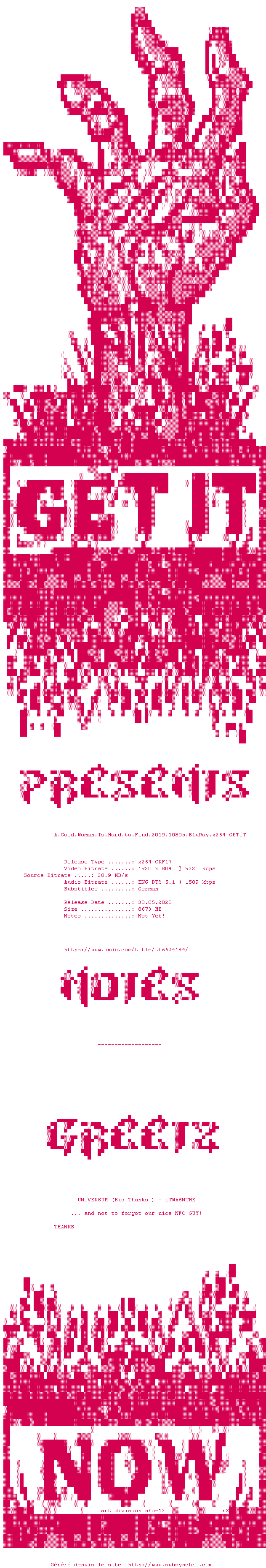 Nfo de la release A.Good.Woman.Is.Hard.To.Find.2019.1080p.BluRay.x264-GETiT