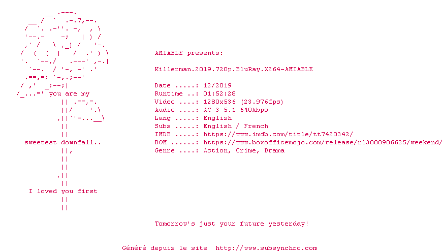 Nfo de la release Killerman.2019.720p.BluRay.x264-AMIABLE