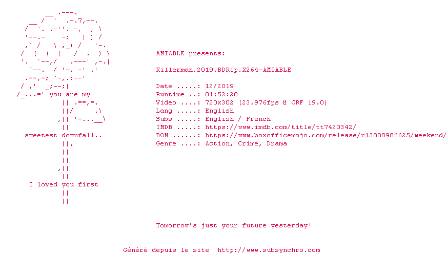 Nfo de la release Killerman.2019.BDRip.x264-AMIABLE