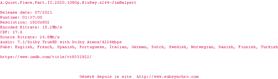 Nfo de la release A.Quiet.Place.Part.II.2020.1080p.BluRay.x264-JimHalpert