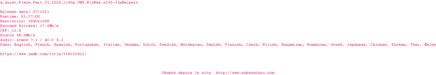 Nfo de la release A.Quiet.Place.Part.II.2020.2160p.UHD.BluRay.x265-JimHalpert