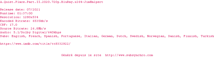 Nfo de la release A.Quiet.Place.Part.II.2020.720p.BluRay.x264-JimHalpert