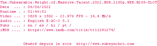 Nfo de la release The.Unbearable.Weight.Of.Massive.Talent.2022.HDR.2160p.WEB.H265-SLOT