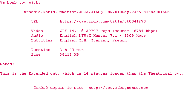 Nfo de la release Jurassic.World.Dominion.2022.2160p.UHD.BluRay.x265-B0MBARDiERS
