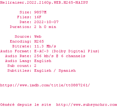 Nfo de la release Hellraiser.2022.2160p.WEB.H265-NAISU