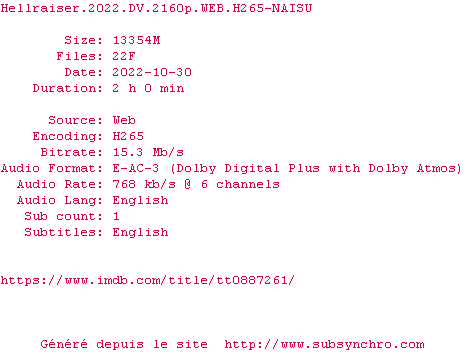 Nfo de la release Hellraiser.2022.DV.2160p.WEB.H265-NAISU