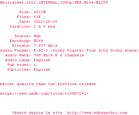 Nfo de la release Hellraiser.2022.iNTERNAL.1080p.WEB.H264-NAISU