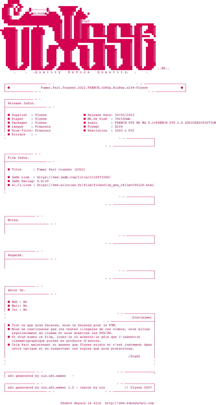 Nfo de la release Fumer.Fait.Tousser.2022.FRENCH.1080p.BluRay.x264-Ulysse