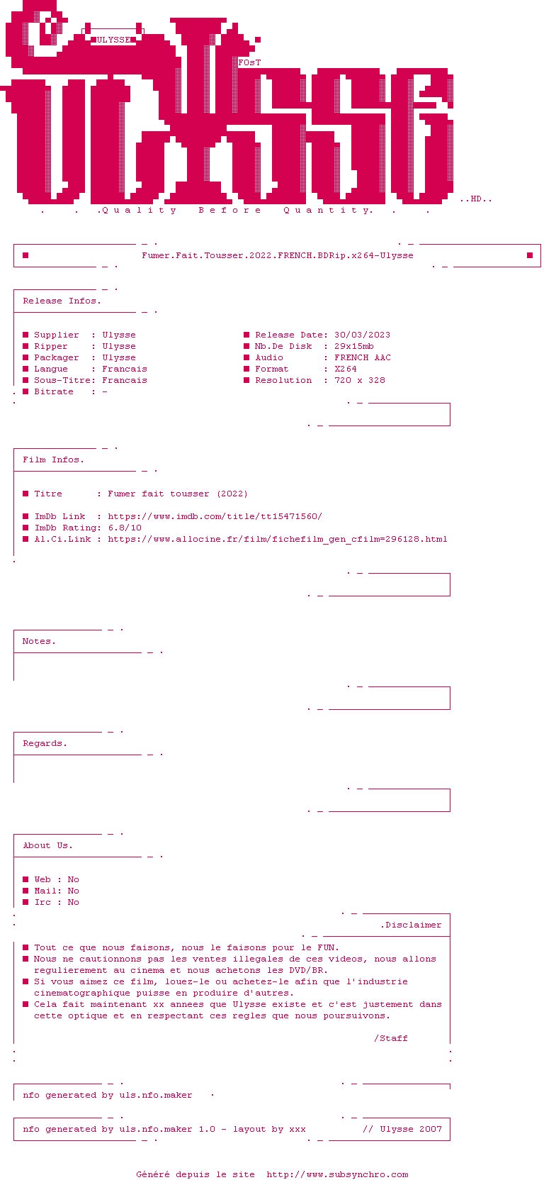 Nfo de la release Fumer.Fait.Tousser.2022.FRENCH.BDRip.x264-Ulysse