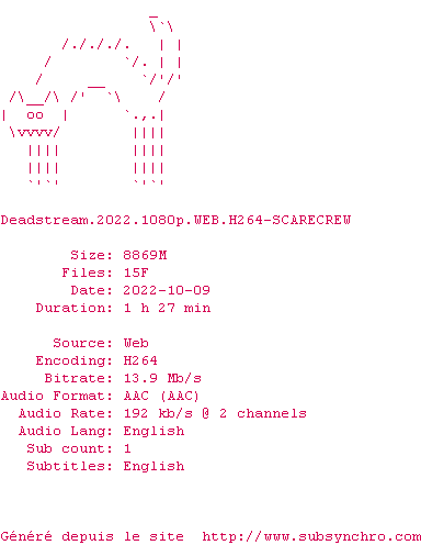 Nfo de la release Deadstream.2022.1080p.WEB.H264-SCARECREW