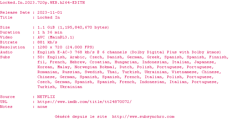 Nfo de la release Locked.In.2023.720p.WEB.H264-EDITH