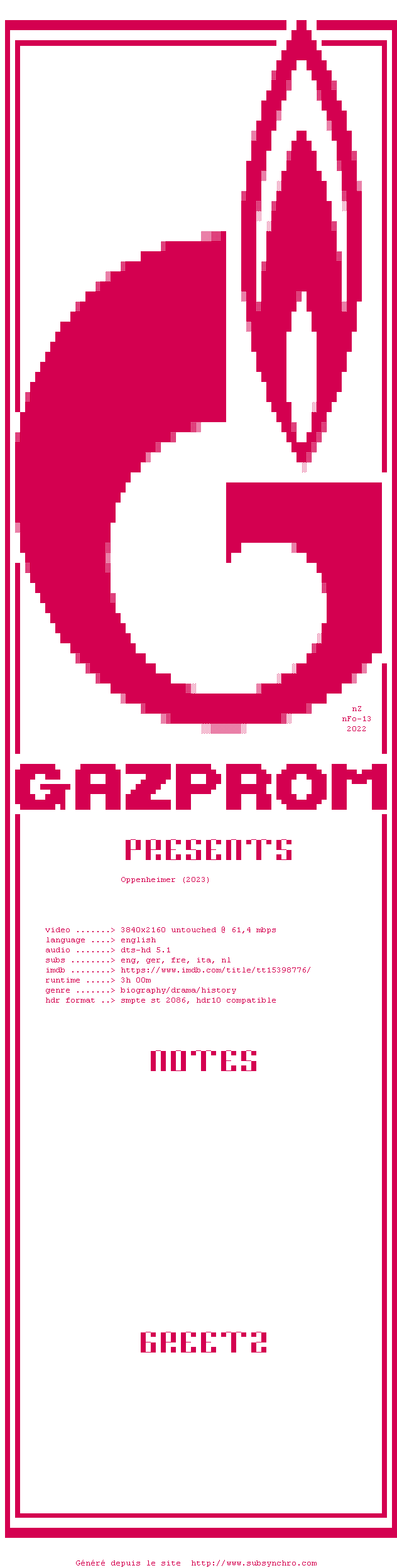 Nfo de la release Oppenheimer.2023.2160p.UHD.BluRay.H265-GAZPROM