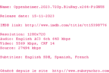 Nfo de la release Oppenheimer.2023.720p.BluRay.x264-PiGNUS