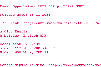 Nfo de la release Oppenheimer.2023.BDRip.x264-PiGNUS