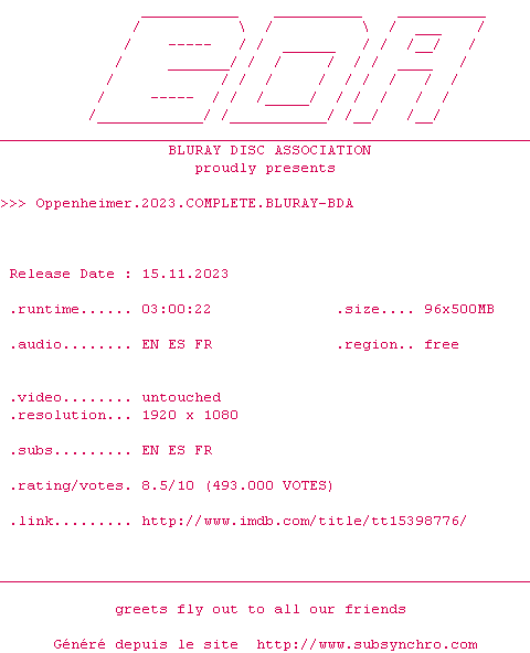 Nfo de la release Oppenheimer.2023.COMPLETE.BLURAY-BDA