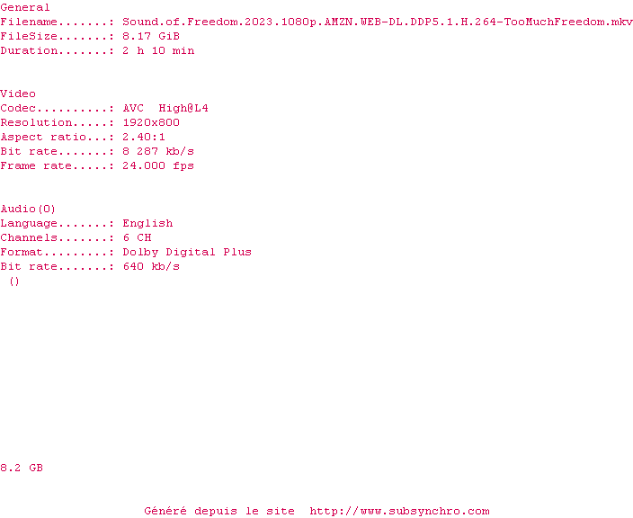Nfo de la release Sound.Of.Freedom.2023.1080p.AMZN.WEB-DL.DDP5.1.H.264-TooMuchFreedom