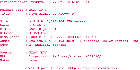 Nfo de la release Five.Nights.At.Freddys.2023.720p.WEB.H264-EDITH