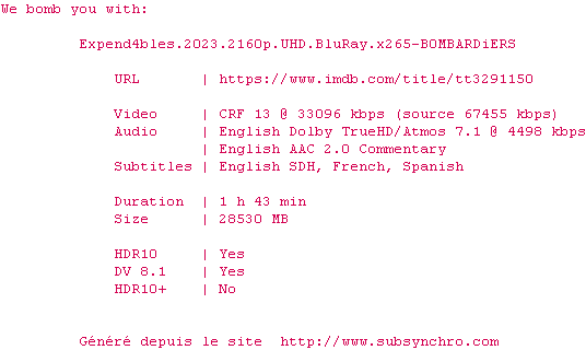 Nfo de la release Expend4bles.2023.2160p.UHD.BluRay.x265-B0MBARDiERS