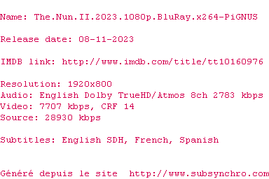 Nfo de la release The.Nun.II.2023.1080p.BluRay.x264-PiGNUS
