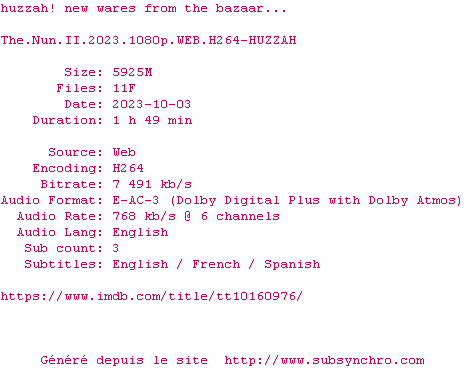 Nfo de la release The.Nun.II.2023.1080p.WEB.H264-HUZZAH