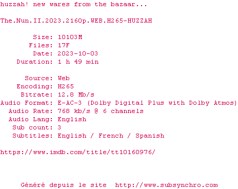 Nfo de la release The.Nun.II.2023.2160p.WEB.H265-HUZZAH