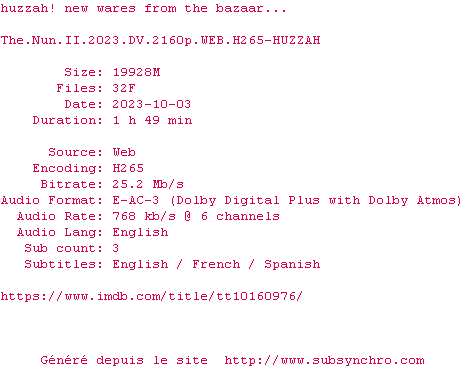 Nfo de la release The.Nun.II.2023.DV.2160p.WEB.H265-HUZZAH