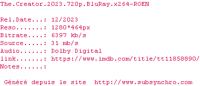 Nfo de la release The.Creator.2023.720p.BluRay.x264-ROEN