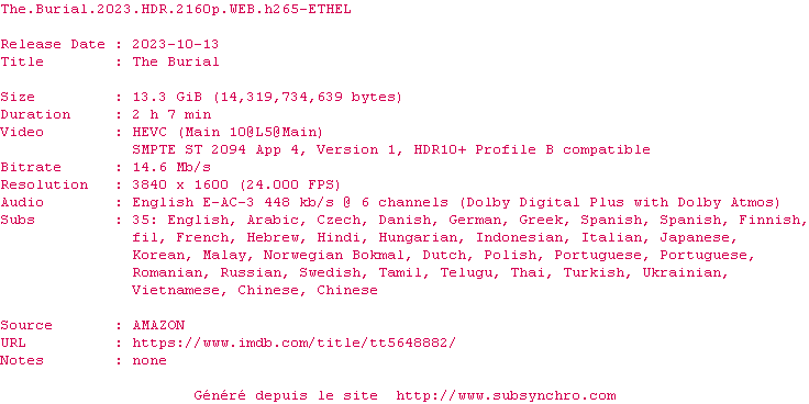 Nfo de la release The.Burial.2023.HDR.2160p.WEB.H265-ETHEL