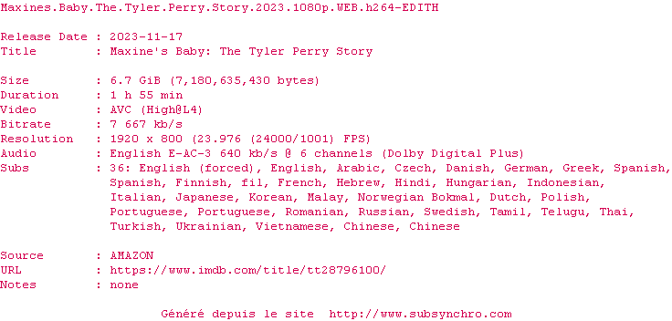 Nfo de la release Maxines.Baby.The.Tyler.Perry.Story.2023.1080p.WEB.H264-EDITH