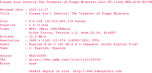 Nfo de la release Please.Dont.Destroy.The.Treasure.Of.Foggy.Mountain.2023.DV.2160p.WEB.H265-EDITH
