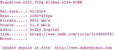 Nfo de la release Migration.2023.720p.BluRay.x264-ROEN